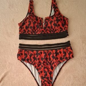 Red and Black Animal Print Bikini Set